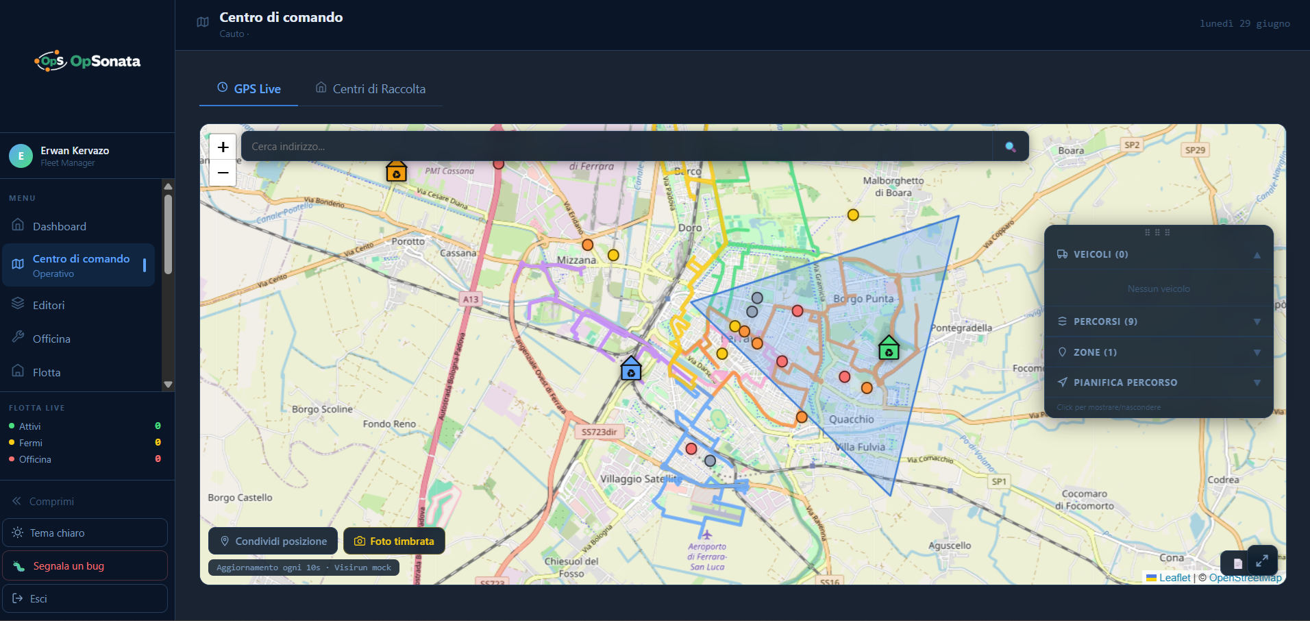 Mappa Operativa Live — Posizione operatori, avanzamento percorsi e segnalazioni in tempo reale