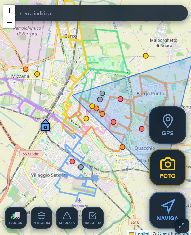 Navigazione Operatore — GPS turn-by-turn sul percorso di raccolta con avanzamento automatico e ricalcolo strada