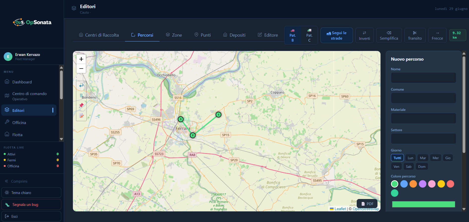 Editor Percorsi — Disegna route di raccolta con waypoints, snap-to-road e annotazioni
